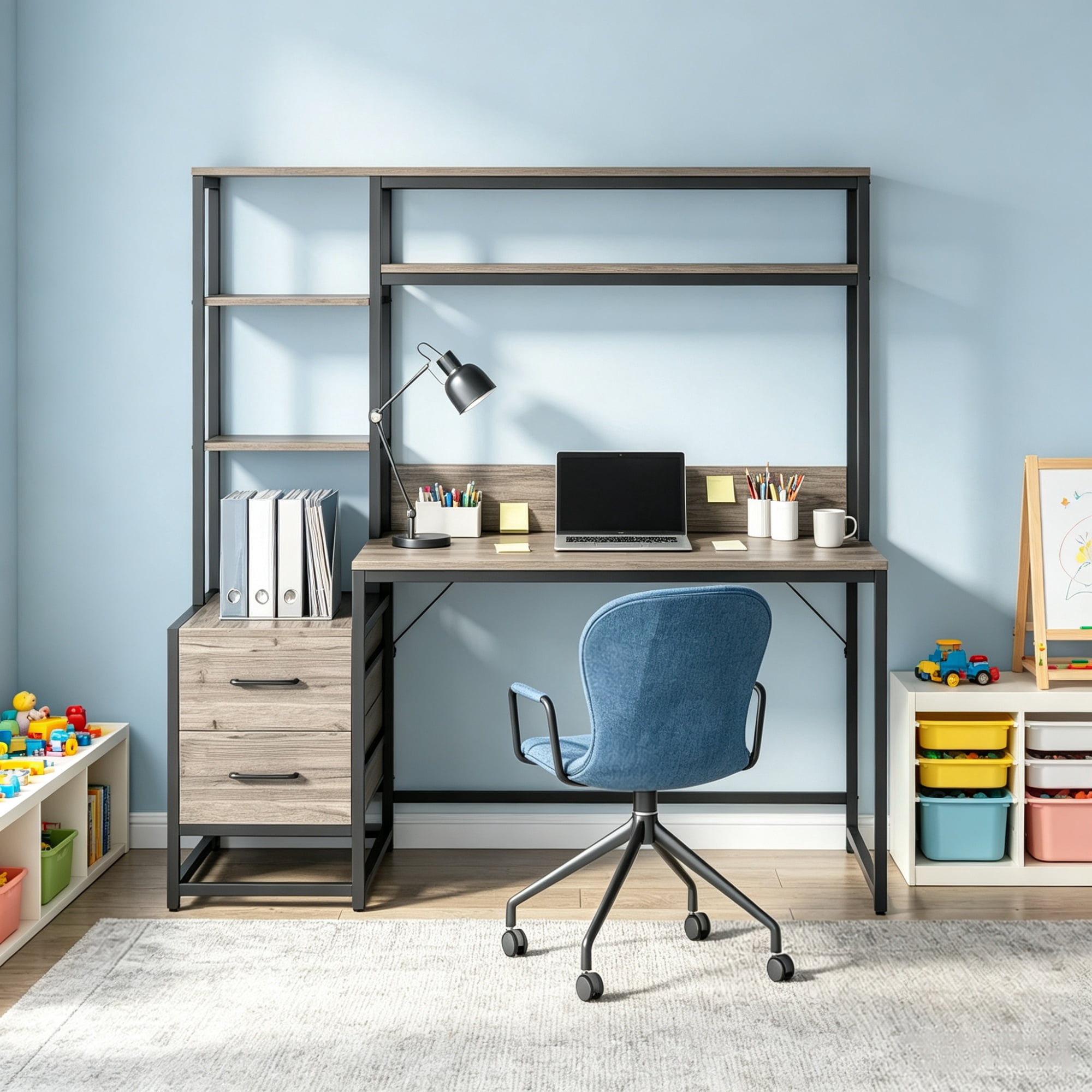 Astoutdoor Wood Computer Desk with 2 Drawers and Open Storage Shelves, 46.46 in Wide, 82.01 lb