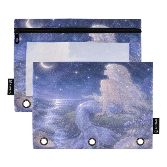 2 Pack 3 Ring Binder Pouch with Clear PVC Window Water Resistant Zipper Pencil Pouch Moon Mermaid Starry Art Binder Pocket for Classroom Office Home Stationery Organization