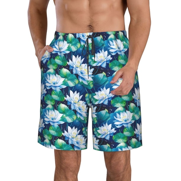 Balery Blue Lotus Flower Traje de Baño Estilo Hawaiano para Hombre, Shorts de Secado Rápido con Bolsillos-X-Large