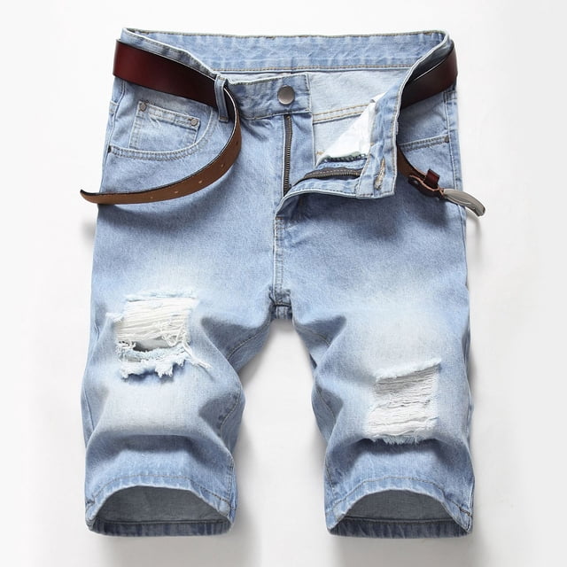 IROINID Athletic Shorts for Men,Mens Ripped Denim Trunks Stretchy Washed Jeans Trunks Cut-Off Classic Fit Biker Jeans Trunks Light Blue XXXXXL