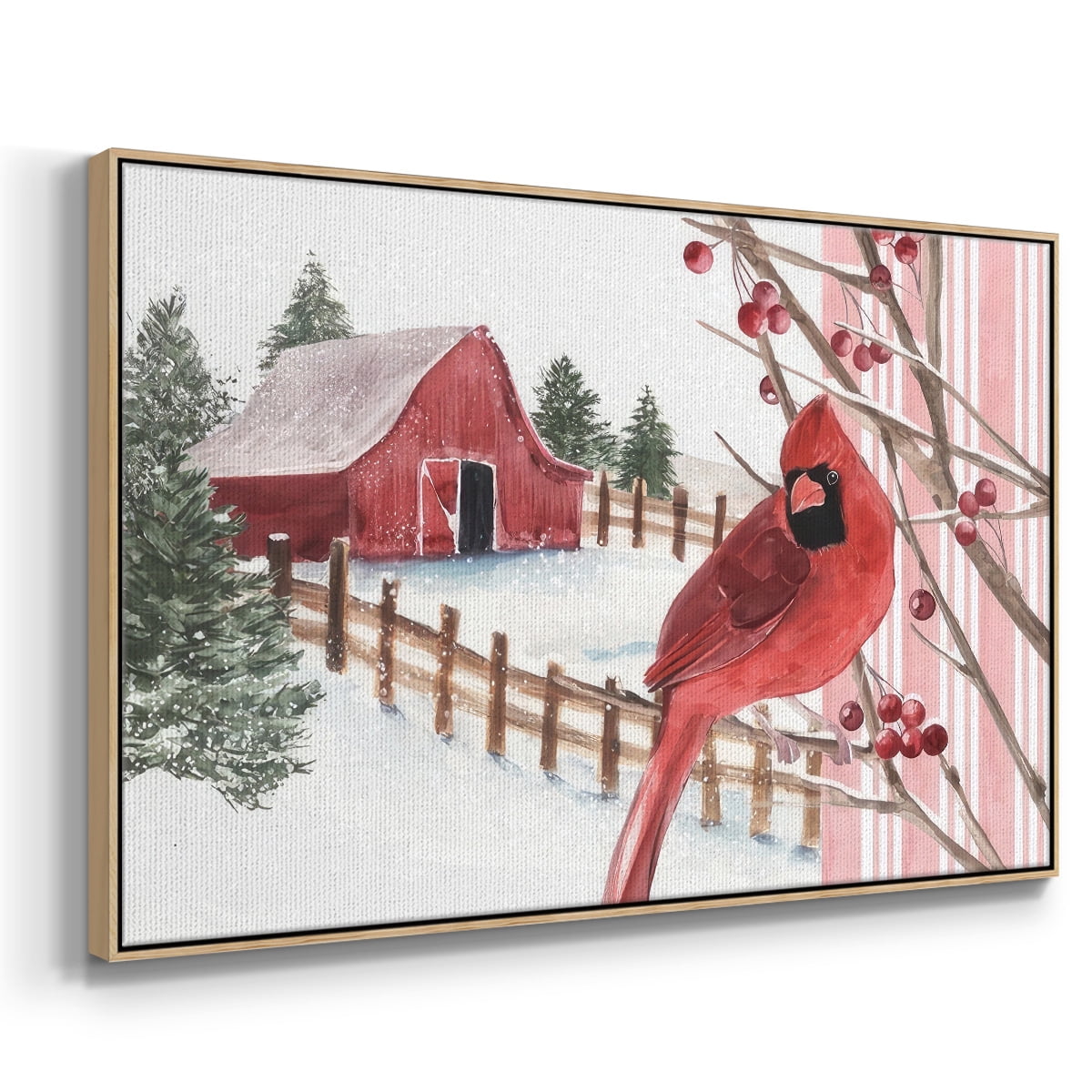 Winter Cardinal Collection A - Framed Gallery Wrapped Holiday Canvas - 25 x 37 - Natural Wood Frame
