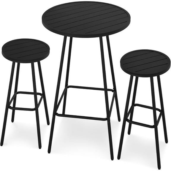 3-Piece Patio Dining Set, Bar Height, Outdoor Bistro Set, Outdoor Round Bar Table w/ 2 Bar Stools, Steel - Black