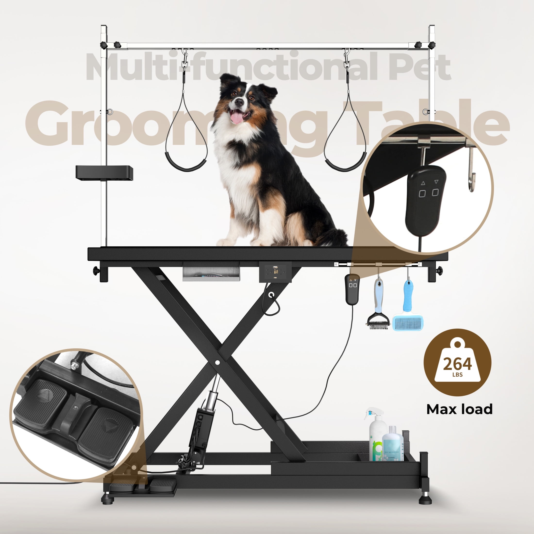 Noble House Professional Electric Pet Grooming Table, Height Adjustable, Heavy Duty Lift Table with Double Arms, Black