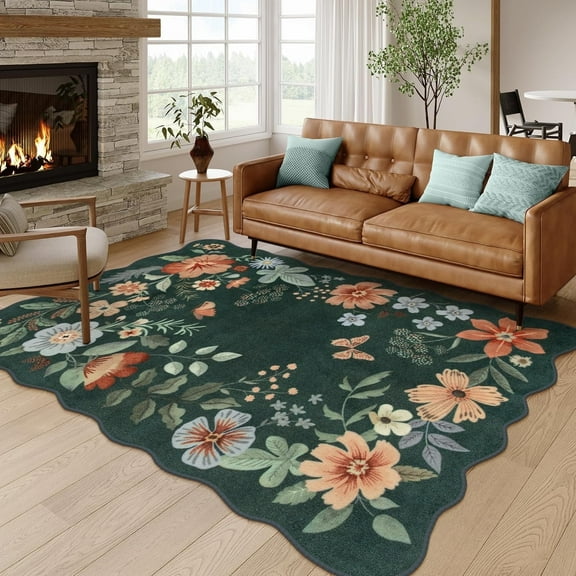 Moynesa 5'x7' Floral Living Room Rugs, Area Rugs 5x7ft Rug for Bedroom Ultra-Thin Soft Rug, Non-Slip Washable Rugs Stain Resistant Boho Rug Low-Pile Throw Rug for ‎Dining Room Office,Dark Green