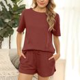 thumbnail image 2 of Women's Casual 2 Piece Outfits Round Neck Short Sleeve Tops and Drawstring Shorts Lounge Sets Pajamas with Pockets, 2 of 5