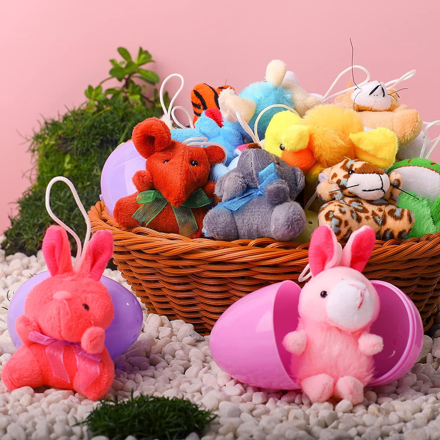 24 Pack Prefilled Easter Eggs of Mini Stuffed Animal Plush Toys Baster Stuffer Filler for Kids Easter Egg Hunt Game, Classroom Prize Supplies