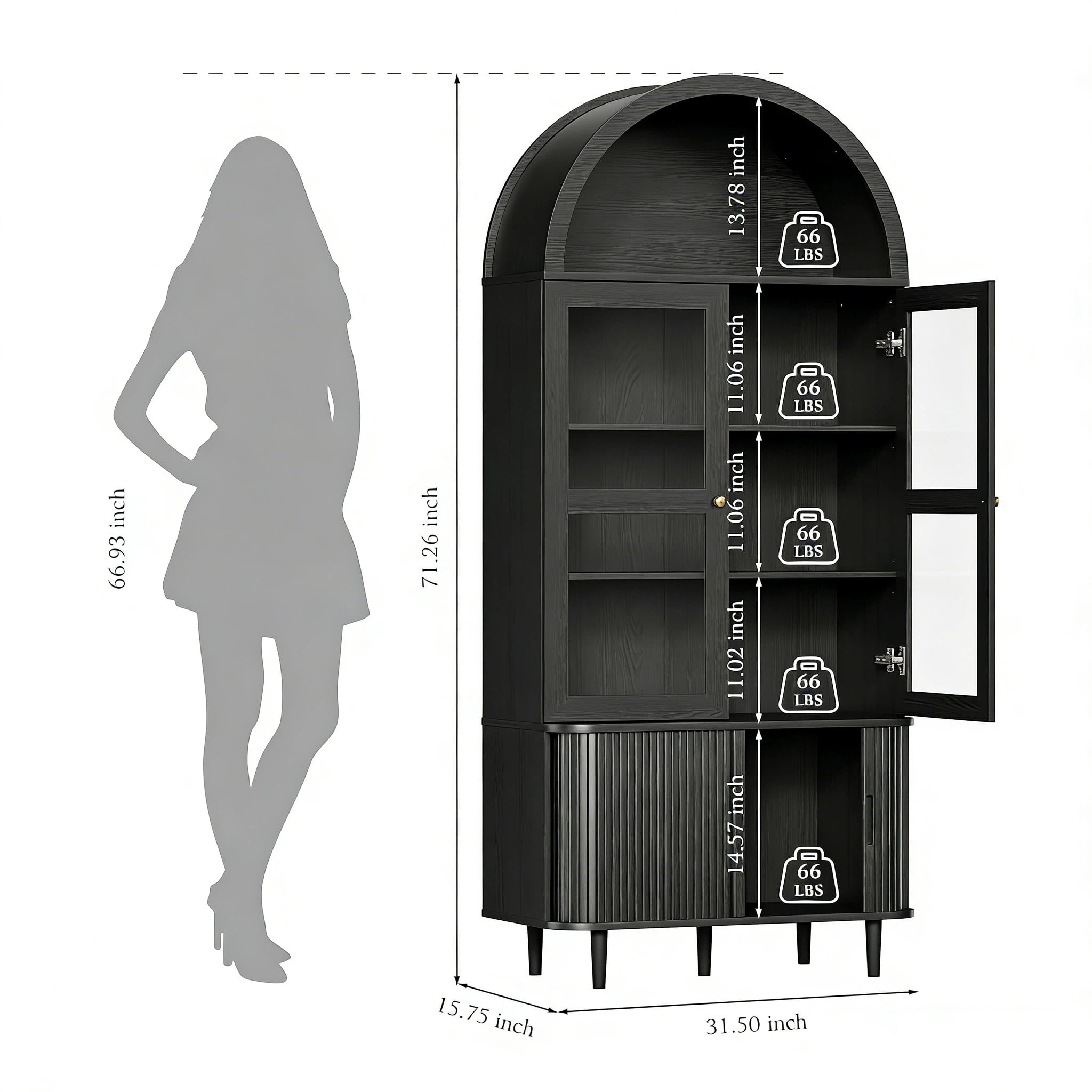 Aisword 71" Tall Arched Bookcases, 5-Tier Modern Farmhouse Bookshelf with Adjustable Shelves & Sliding Doors, Wood Display Storage Cabinet for Living Room, Office, Black Withdoors