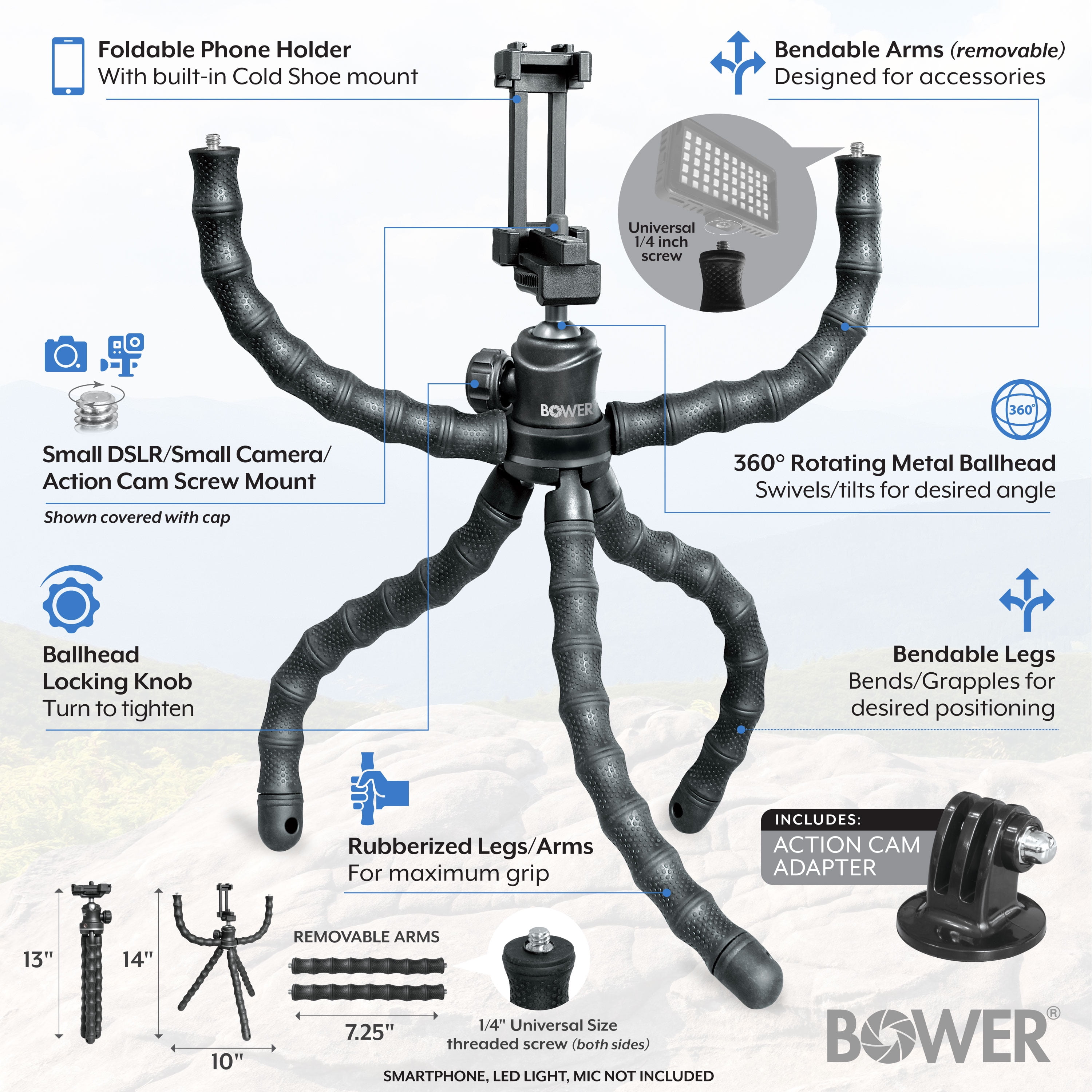 Bower 14- inch Grappling Vlogging Flexible Tripod with Ball Head for Content Creation; Black, ACCESSORY