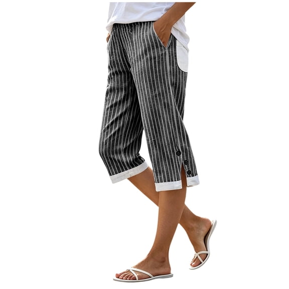 Yievot Striped Capri Pants for Women Button Slit Side Breathable Casual Summer Vacation Beach Cropped Trousers