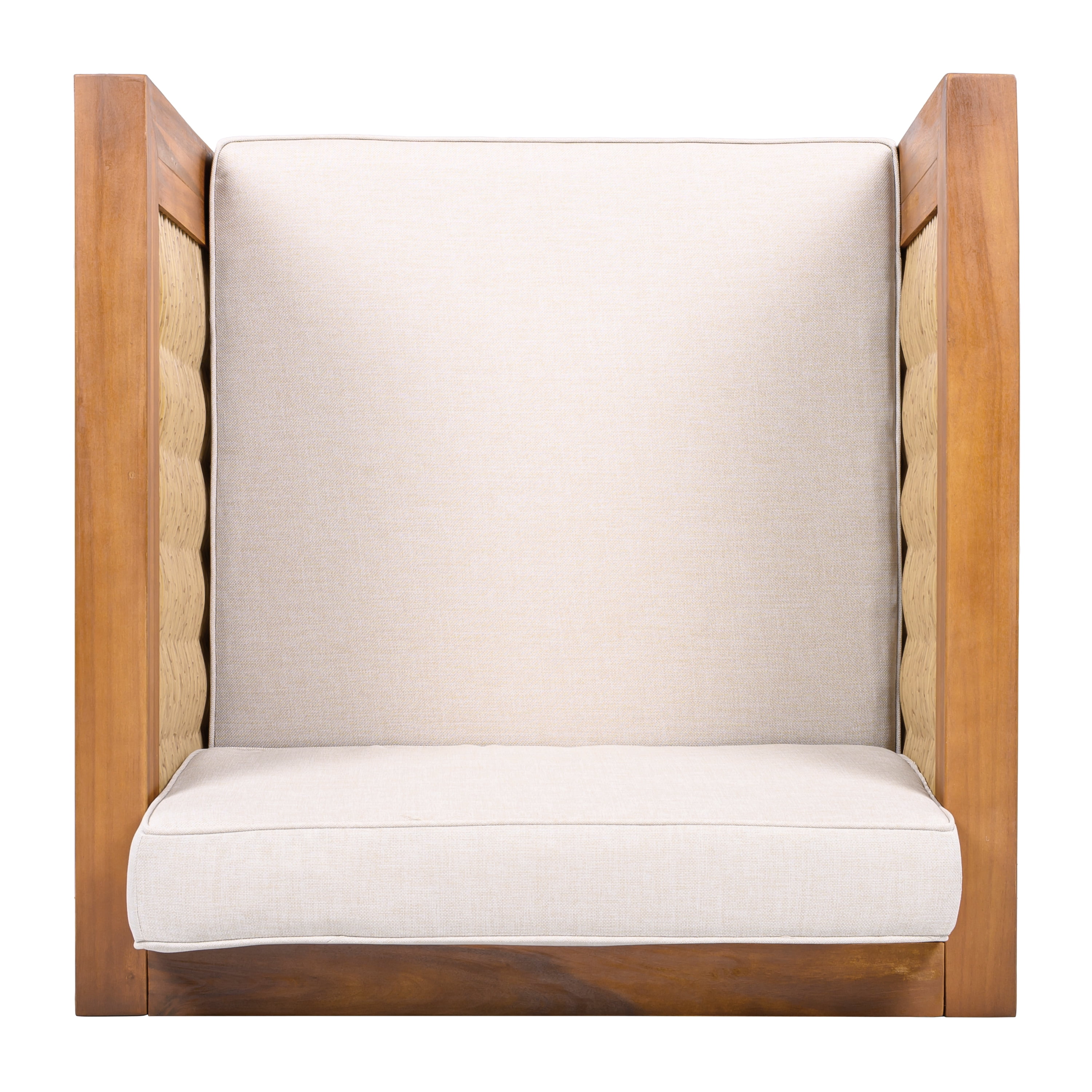 Acacia Wood Outdoor Club Chair with Wicker Armrest and Beige Cushions for Patio Garden Deck, Teak