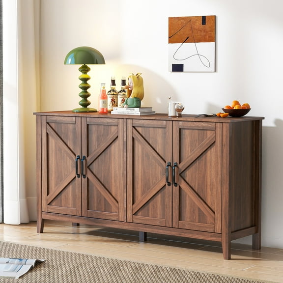 Particle Board Storage Cabinet With 4 Doors And Open Shelves - Modern Design For Bedroom, Living Room Freestanding Sideboard Ample