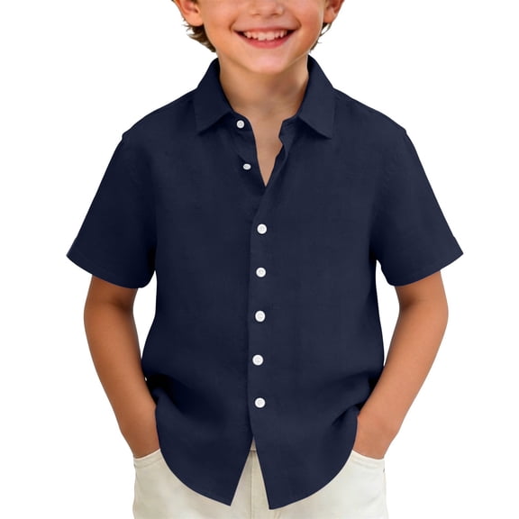 GiLiling Boys Button Down Shirt Cotton Short Sleeve Shirt Solid Summer Beach Shirt with Pocket (Navy, 3-4 Years)