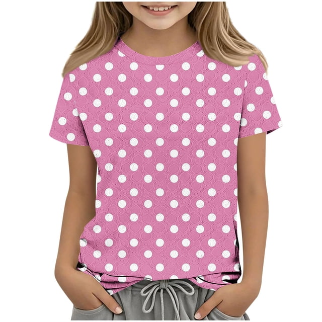 Zpanxa T Shirts for Girls Solid Color Round Neck Loose Fit Print Pattern Top Polyester Spandex 4 Years