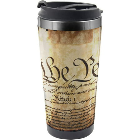 

United States Travel Mug Vintage Constitution Text of America National Glory 4th of July Image Steel Thermal Cup 16 oz Pale Brown