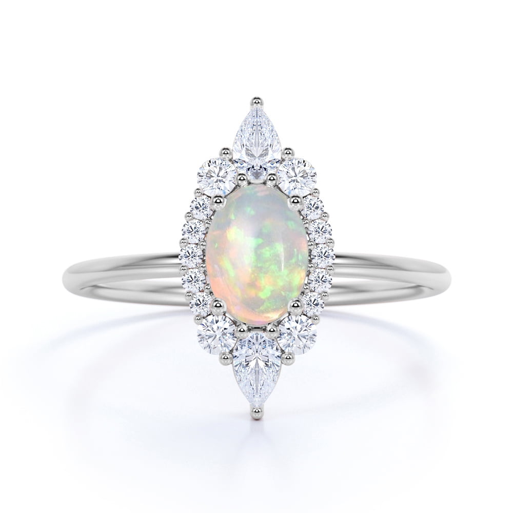 JeenMata - Antique Oval Fire Opal and Diamond Accent Dainty Promise ...