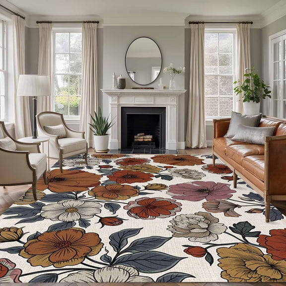 Vintage Peony Area Rugs 6'x9', Washable Small Throw Rugs for Kitchen Dining room, Summer Botanical Retro Art Rustic Indoor Outdoor Rug Non-Slip Low Pile Carpet Runner Reversible Floor Mats