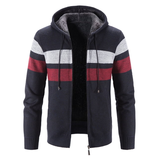 Plus Size Cardigan Autumn And Winter New Men's Color Matching Plus Velvet Plus Size Hooded Cardigan on Clearance