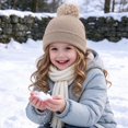 thumbnail image 4 of Cethrio Girls Pom Pom Beanie Hats, Warm Ribbed Knit Outdoor Soft Winter Hats Beige Size 2-12 Years, 4 of 7