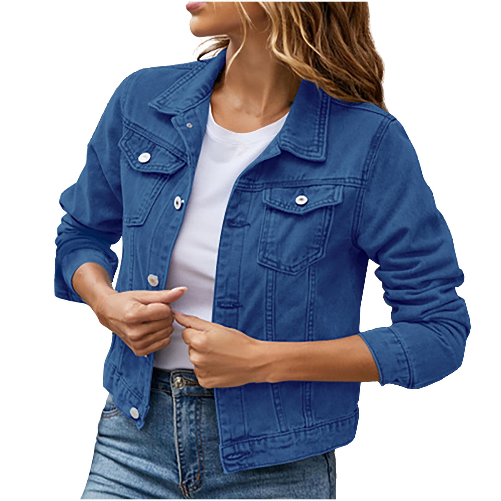 TIMIFIS Womens Denim Jacket Button Jean Jacket Regular Long Sleeve Stretch Denim Jackets Spring Fall Coat Blue Fall Winter Walmart