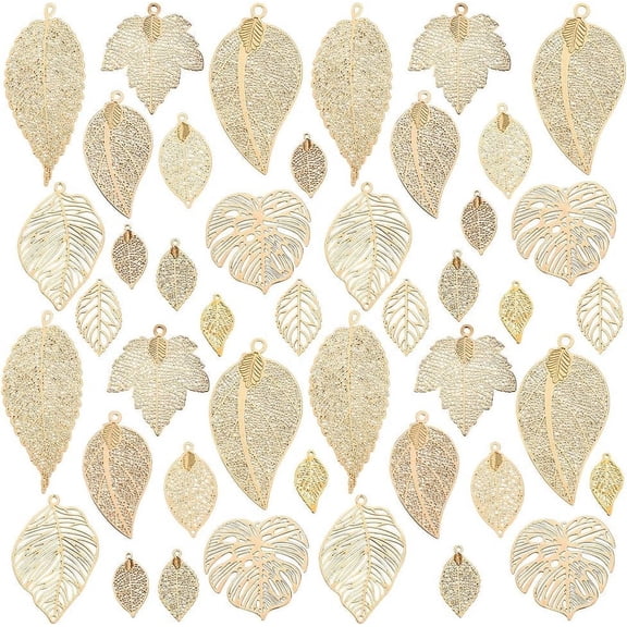44pcs Filligree Leaf Charm 11 Style Gold Tree Charm Brass Monstera Pendants Hollow Maple Pendants for DIY Necklace Bracelet Earring Jewelry Making Keychain Bag Decoration