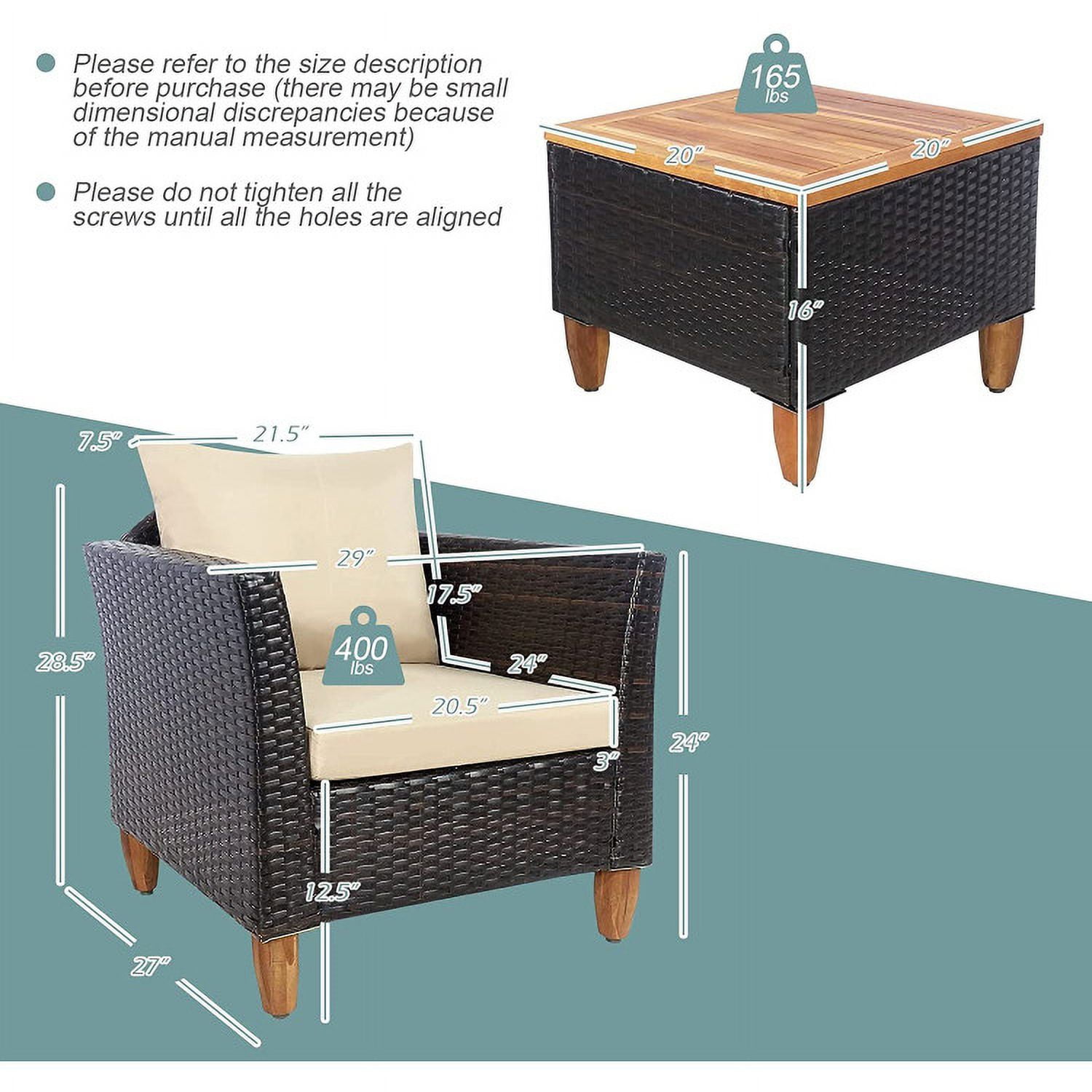 Aimee Lii 3 Pieces Patio Rattan Bistro Furniture Set with Wooden Table Top, Outdoor Patio Furniture, Beige