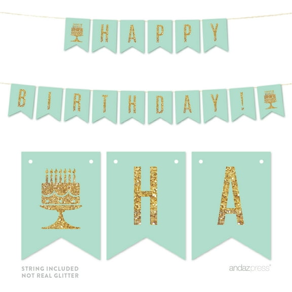 Gold Glitter Happy Birthday! Hanging Pennant Party Banner
