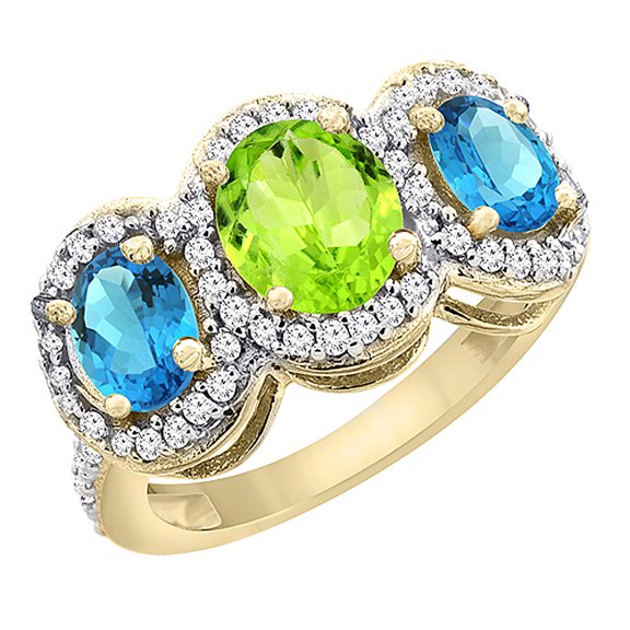 14K Yellow Gold Natural Peridot & Swiss Blue Topaz 3-Stone Ring Oval Diamond Accent, size 9