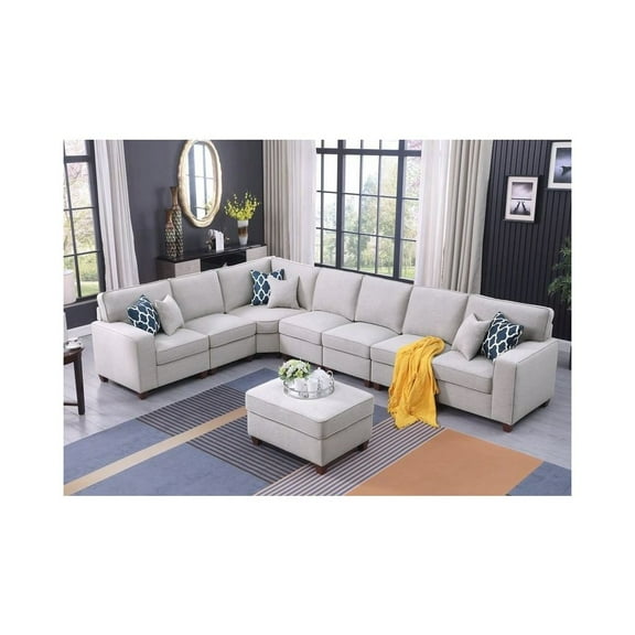 Devion Furniture 8-Piece Upholstered Fabric Sectional with Ottoman in Light Gray