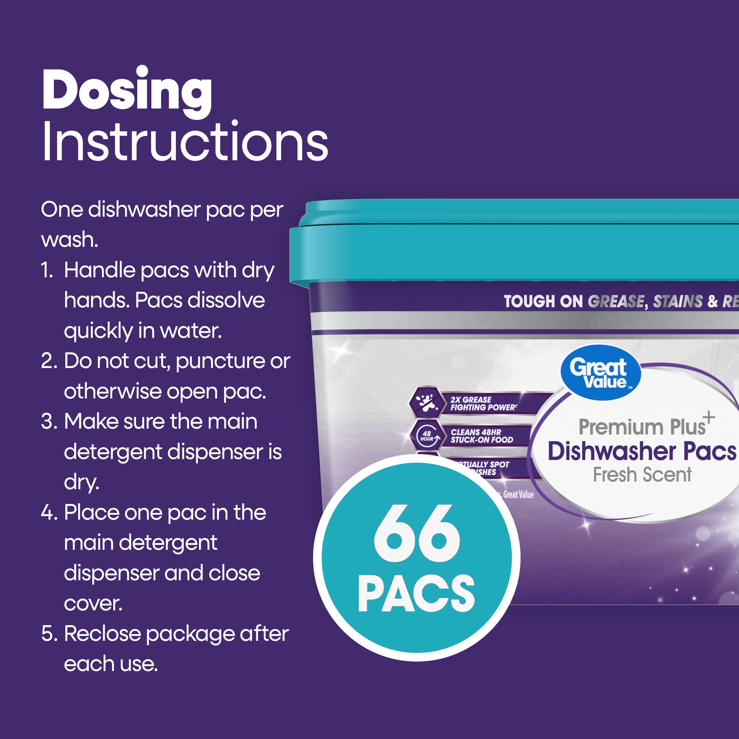Great Value Premium Plus Dishwasher Pacs, Fresh Scent, 66 Count