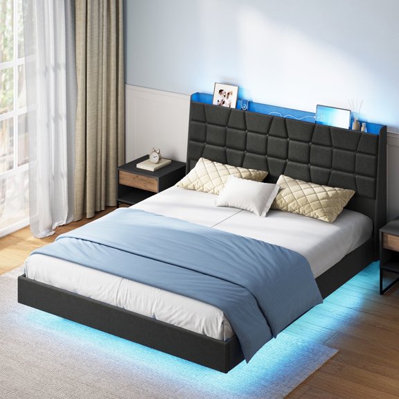 LEDREM Queen Floating Bed Frame with LED Lights, Tufted Storage Headboard, Built-In Charging Station, Noise-Free Platform, Dark Gray