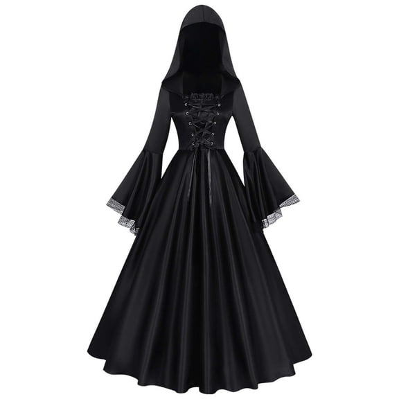 IUYRTFE Women Gothic Hooded Long Sleeve Maxi Dress Mysterious Dark Style Hoodie Gown for Halloween Themed Parties