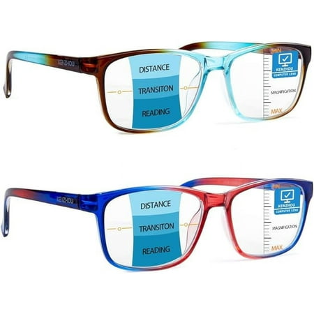 K KENZHOU Progressive Multifocus Wide Square Frame Reading Glasses Blue Light Blocking for Women Men No Line Multifocal Readers