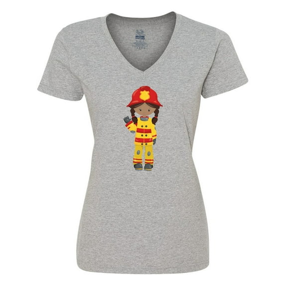 Inktastic African American Girl, Girl Fireman, Firefighter Women's V-Neck T-Shirt
