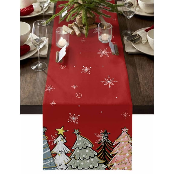 Table Runner Dresser Scarves 70 Inch Long, Christmas Pine Tree Star Sketch Stripe Dot Linen Dining Table Runners Winter Snowflake on Red Tabletop Scarf for Wedding Holiday Party Kitchen