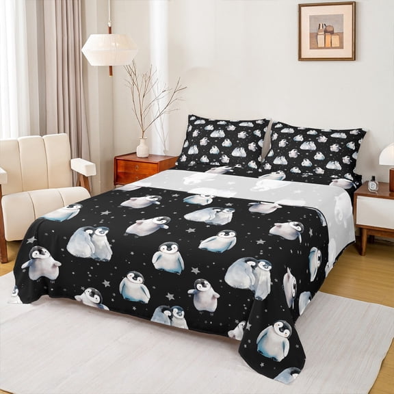 Manfei Teens Antarctic Penguin Twin Sheet Sets, Mystic Stars Print Twin Fitted Sheet, Black Cartoon Style Flat Sheet, Ultra Soft Home Decor, 3 Pieces
