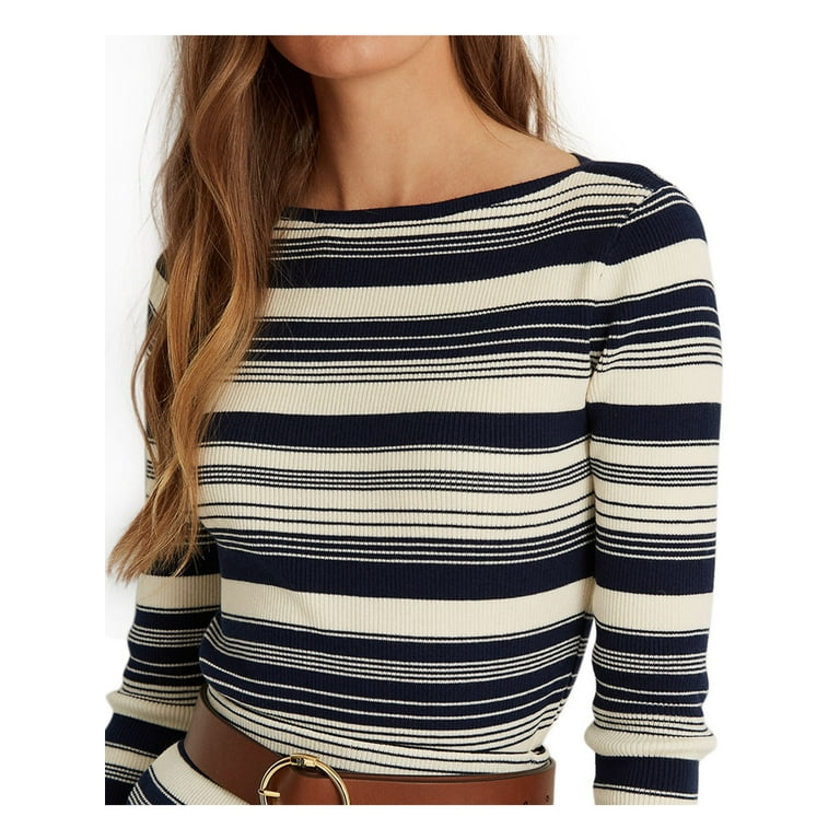 RALPH LAUREN Womens Navy Ribbed Striped Long Sleeve Boat Neck Sweater L 