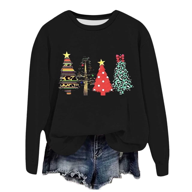 VBARHMQRT Sweat à Capuche pour Femmes Manches Longues Col Rond Imprimé de Noël Léger