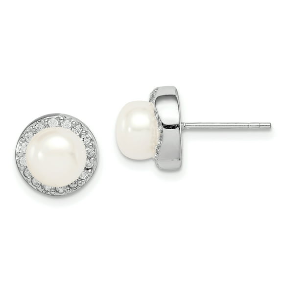 Primal Silver Sterling Silver Rhodium-plated 7-8mm White Button Freshwater Cultured Pearl Cubic Zirconia Earrings