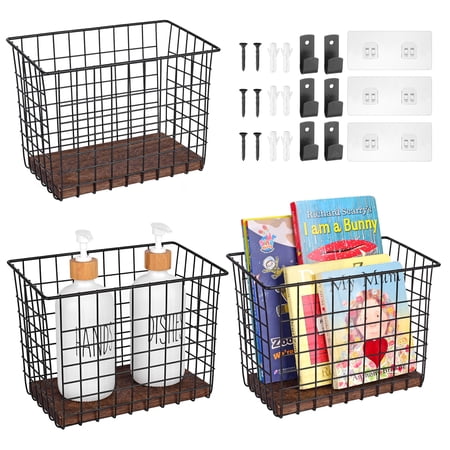 Light Dust 3-Pack Hanging Baskets for Wall Storage | Large Wire Basket | Farmhouse Wooden Style