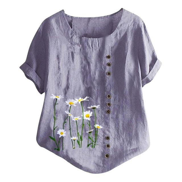 Gibobby Playera de Manga Corta con Cuello Redondo Nueva camiseta de algodón informal con estampado Retro literario y artístico elegante para mujer(Morado,XL)