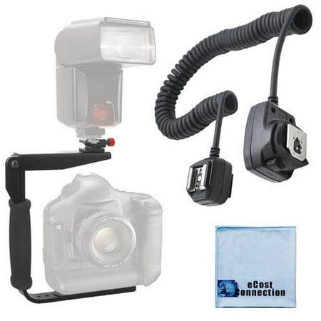 180 Degree Quick Flip rotating Flash Bracket & Heavy Duty Off-Camera Flash Cord that Stretch to 3 Feet for Canon + eCostConnection Microfiber