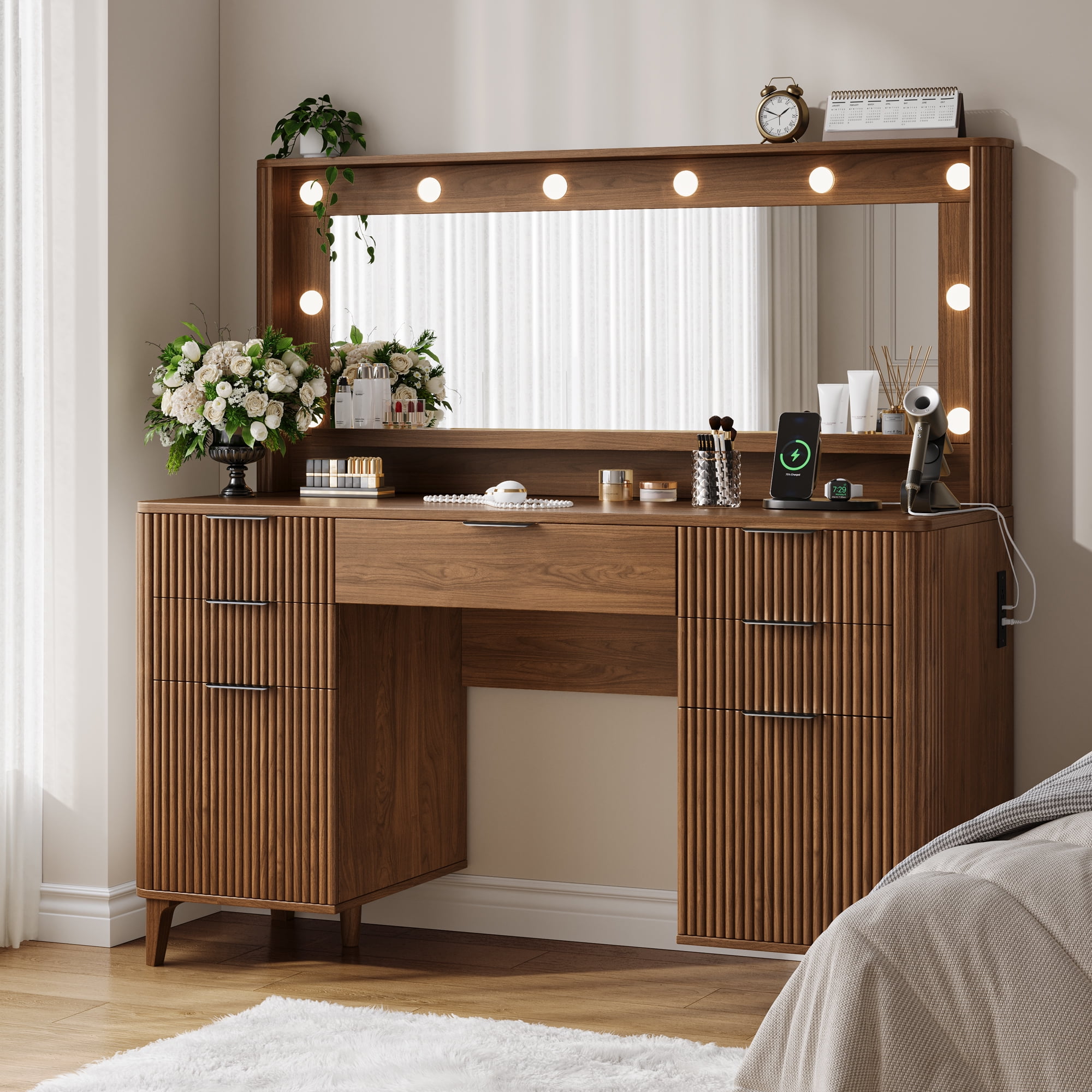 UGTOO Walnut Vanity Desk with Large Horizontal Mirror & LED Lights – 5 Drawers, Charging Station, Vintage Style (48.8"L x 15.7"W x 54.3"H)