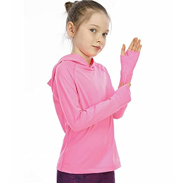 Girls Long Sleeve Shirt Hoodies SPF Active Tee Workout Running Yoga  Pullover Tops with Thumb Holes neon Pink 7-8years