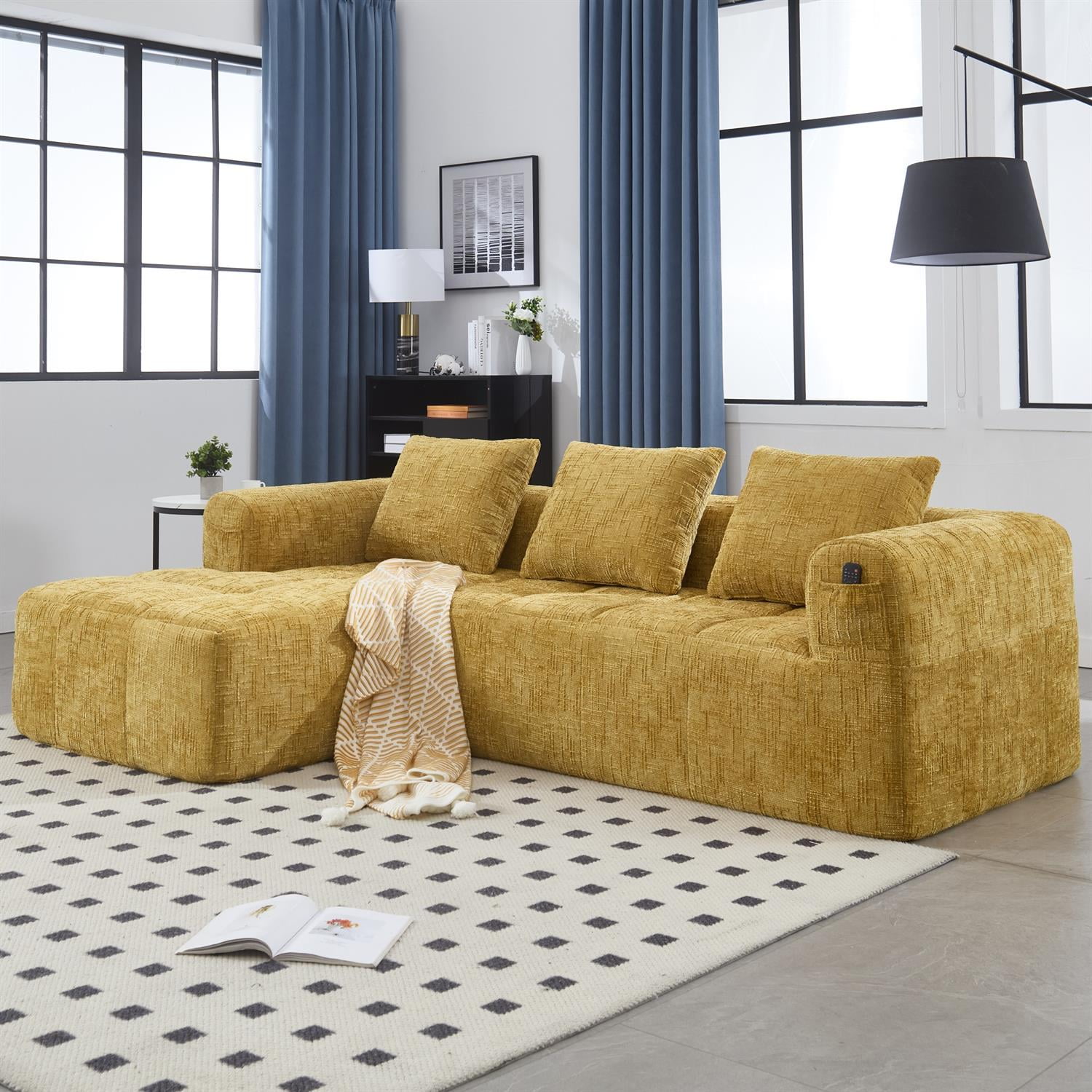 Demi Bonn 98" L-Shaped Modular Sectional Sofa with Chaise, Side Pockets, Modern Comfort Couch, Compression-Free Installation for Living Room, Yellow