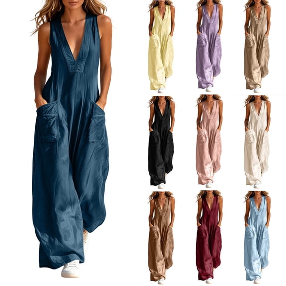 Women's Fashion Casual Solid Color Deep V Halter Neck Sleeveless Jumpsuit Ruched Detail Pockets Long Pants One Piece Blue XL(XL)