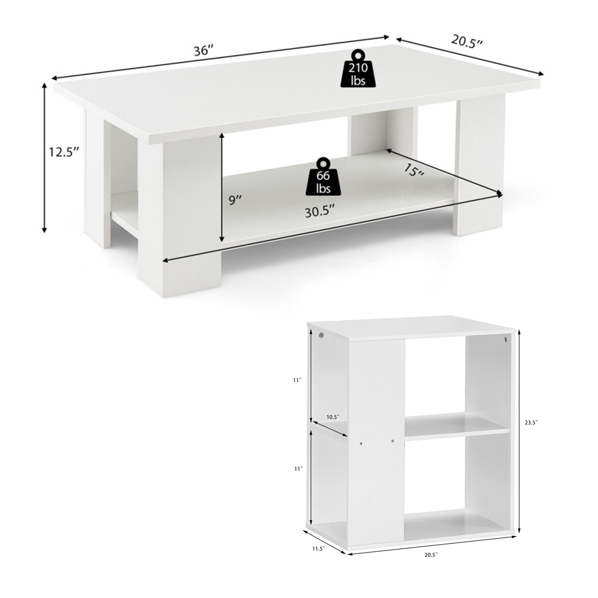 Demi Bonn 3-Piece Coffee Table Set, Large 36" 2-tier Wood Modern Side Table with Open Storage Shelf and Set of 2 End Table, Foot Pads, for Living Room, White