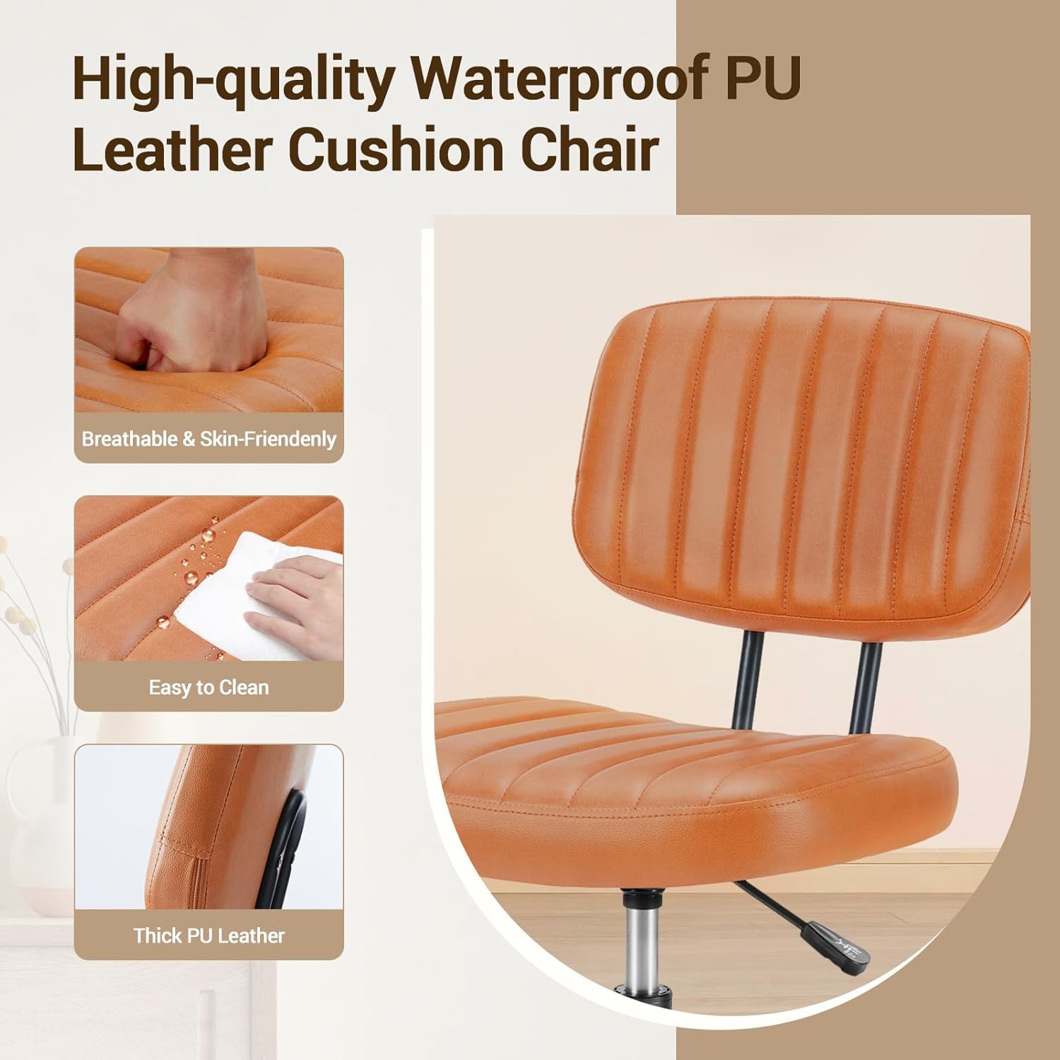 QUIOCOZY Home Office Desk Chair with Low Back and Wheels PU Leather Computer Chair Ergonomic Adjustable Height Comfy Chair Armless with Swivel Rolling Vanity Chairs for Bedroom Adult Brown