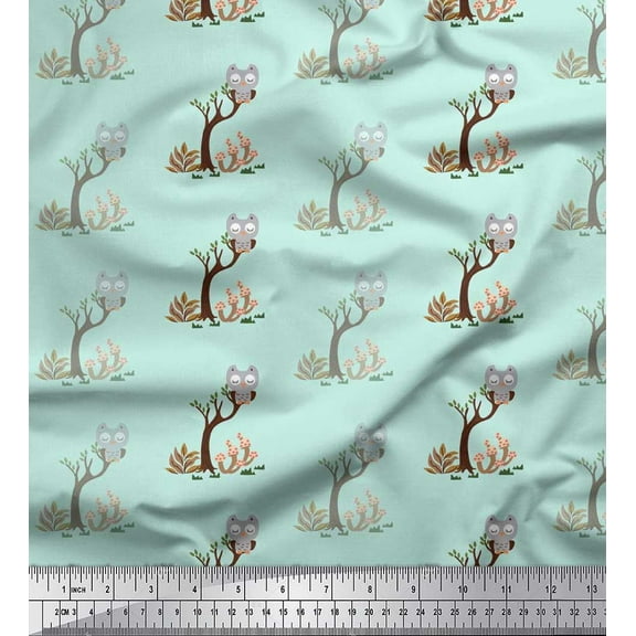 Soimoi Cotton Duck Fabric Tree,Mushroom & Owl Kids Printed Fabric 1 Yard 42 Inch Wide
