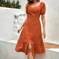 thumbnail image 2 of ZQUUVOU Women's Square Neck Midi Dress Puff Sleeves Button Front Ruffle Hem Elegant Sundress Casual Summer Beachwear Brown, 2 of 6