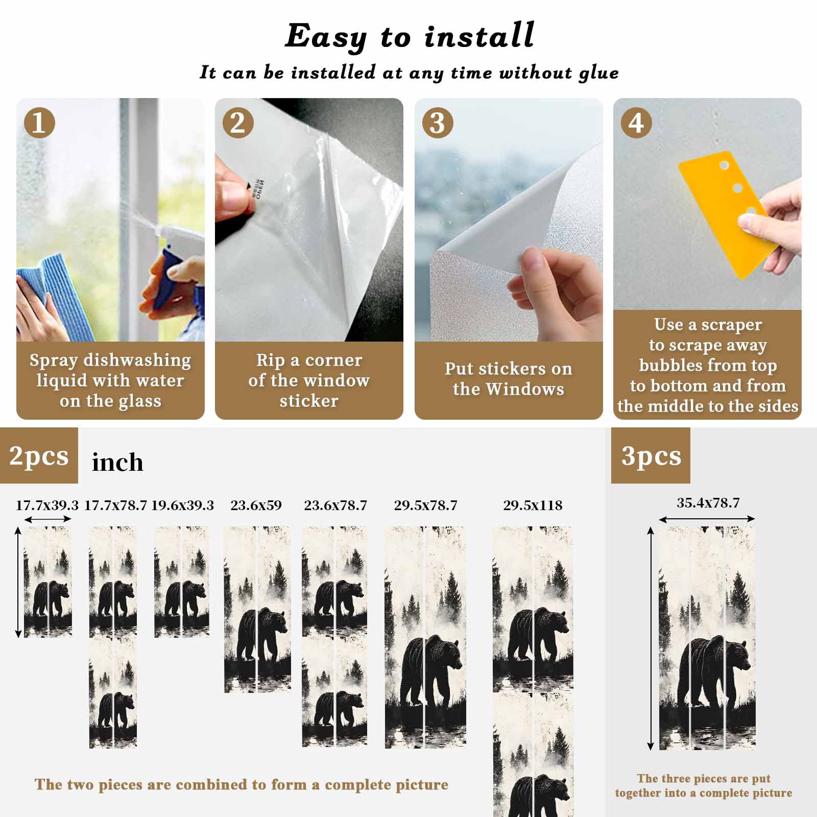 Black Bear Window Privacy Film, Farmhouse Forest Animals Vintage Static Cling UV Sun Blocking Heat Control Window Tint Day and Night, Non-Adhesive Reusable One Way Windows Privacy Cover 29.5''x78.7''